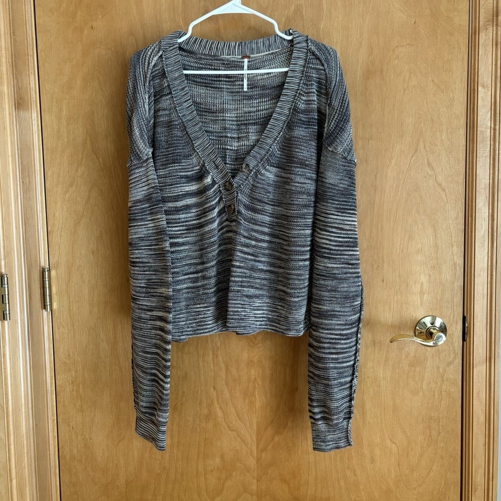 Free People Cardigan Sweater Women S Grey Brown Space Dye Knit Cropped V-Neck